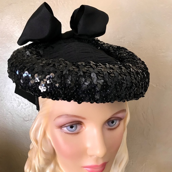 BREATHTAKING 1930s VINTAGE BLACK FABRIC AND SEQUIN HAT